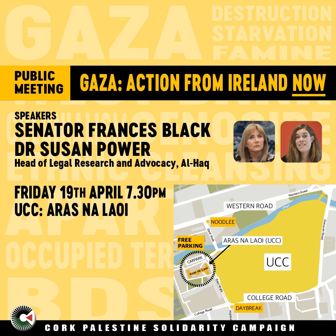 I'm honoured to be speaking in Cork alongside Dr Susan Power who is an incredible advocate for Palestine. We'll be talking about Israel's genocidal assault on Gaza and how Ireland can take meaningful action to stand up for the principles of global solidarity, human rights, and…