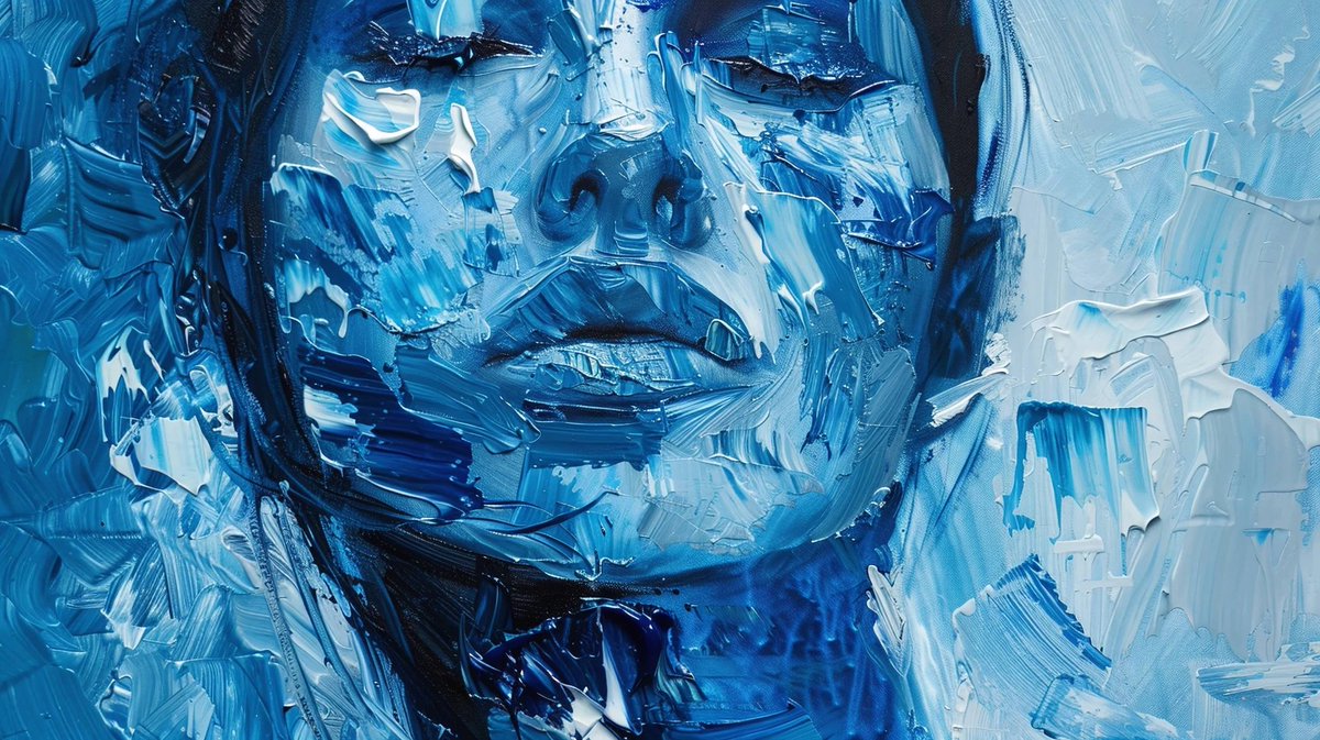 Check out this mesmerizing abstract portrait painting! Created using AI technology, the bold brushstrokes and intense expression in varying shades of blue evoke a sense of movement and emotion. #AIart #abstractportrait #digitalartisticelligence 🎨💙