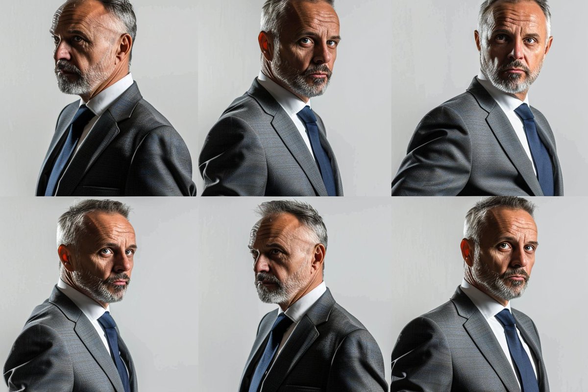 CharaspowerAI's tweet photo. 🚨#PromptShare🚨
Let's dive into a super useful prompt that generates 6 portraits of the same person from different angles and expressions. 

[Character description] in various facial expressions and poses from different angles of her/his head, front to back view across 6 panels with isolated backgrounds, photography. Professional color grading with soft shadows, professional studio lighting

If you love the prompt, like a lot, share, and show me your best renders!