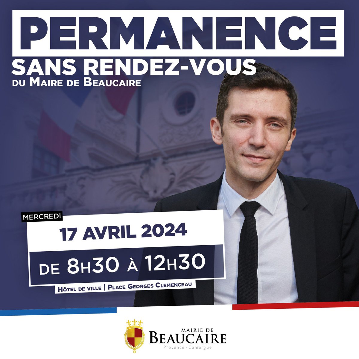 Je vous retrouve en l'Hôtel de Ville ce mercredi 17 avril de 8h30 à 12h30 pour ma traditionnelle permanence sans rendez-vous.
#Beaucaire #écoute #proximité