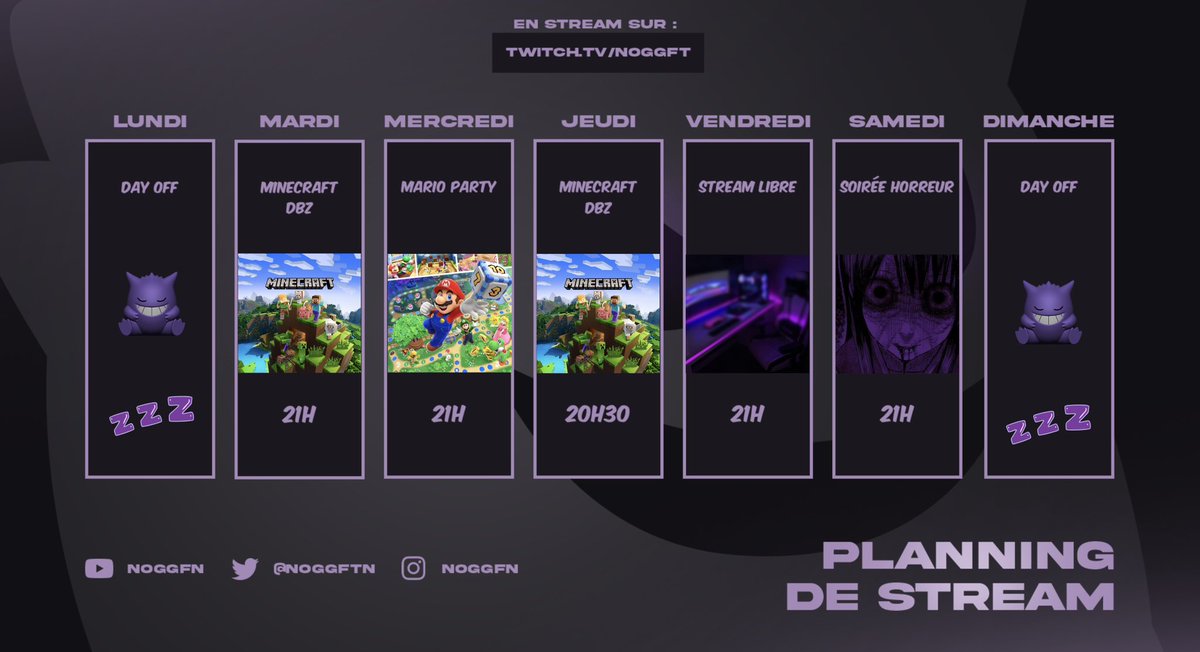 Et voilà le planning de la semaine ! 

Ce soir : Minecraft dbz 
Mercredi : Soirée Mario party 
Jeudi : Minecraft dbz 
Vendredi : Stream libre 
Samedi : Soirée Horreur 

On se voit ce soir pour en parler et continuer l’aventure Minecraft Dbz !

Coeur sur vous 🫶