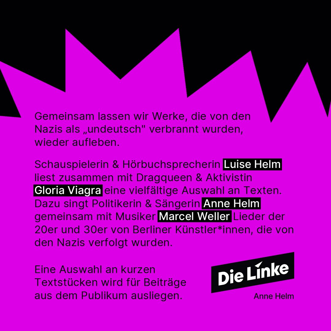 Am 03.05. lassen wir in der Hansabibliothek Literatur wieder aufleben, die von den Nazis als „undeutsch“ verbrannt wurde. Dazu singe ich Lieder der 20er und 30er von verfolgten Berliner Künstler*innen. Es wird ein wunderbarer Abend. Ich freue mich auf euch!