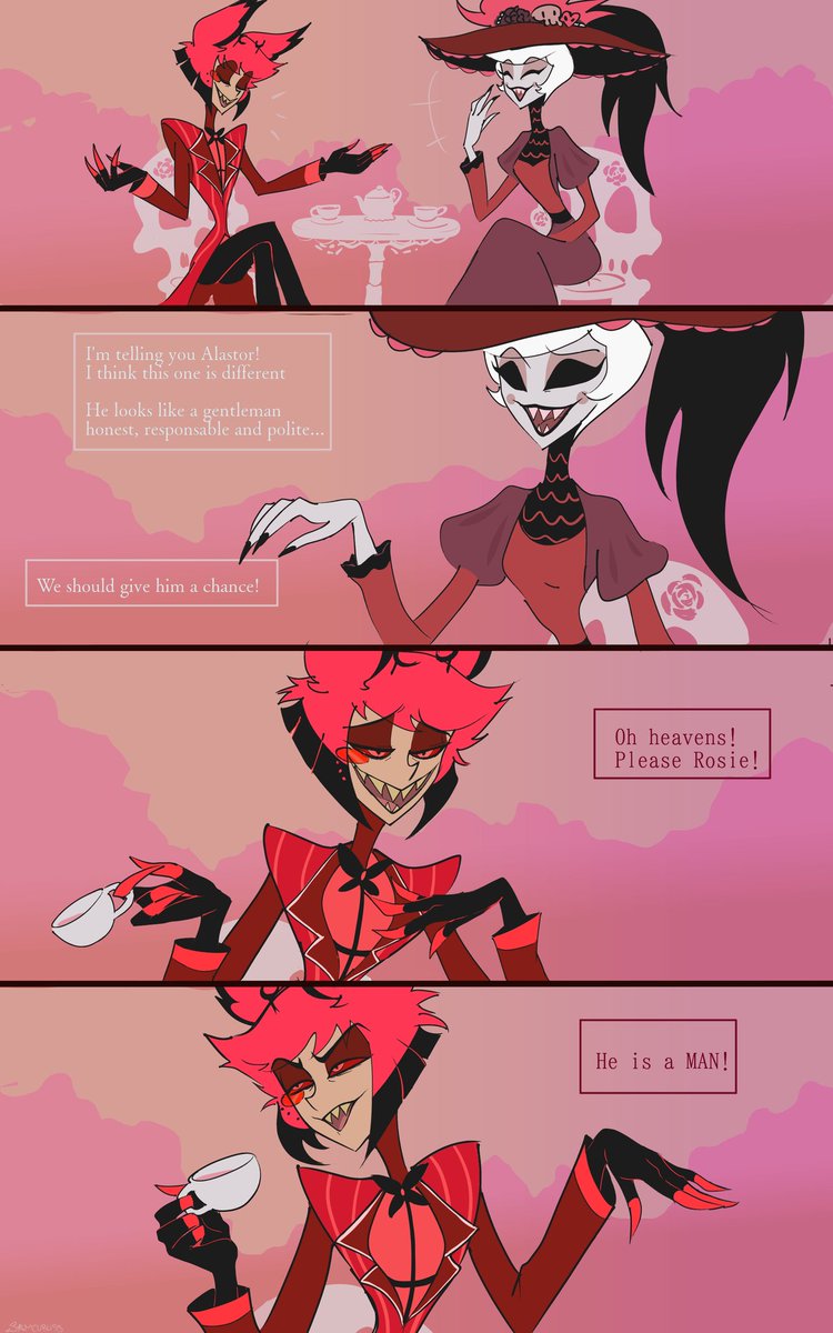 Tea time 🍵☕️ (gossip time) (Little doodle with Rosie bc she is lovely and I really like the hc that Alastor doesn't trust men 🤭) #Alastor #Rosie #HazbinHotel