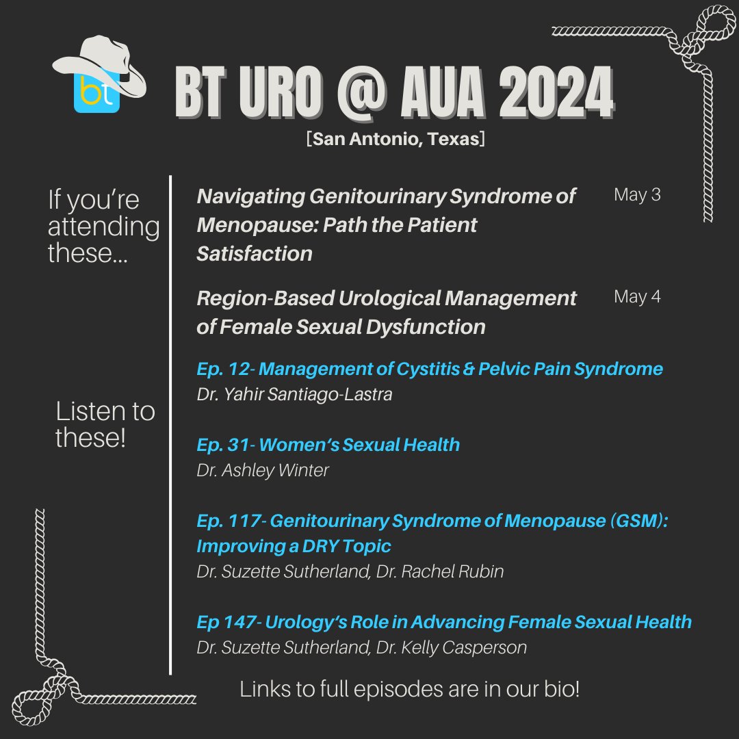Excited to hear about female sexual health/menopause at #AUA2024 this year? Prep with these BT URO episodes! <a href="/drrachelrubin/">Rachel S. Rubin, MD</a> <a href="/Dr_UnaLee/">Una Lee</a> <a href="/YSL_MD/">Yahir Santiago-Lastra | Urology</a> <a href="/SuzetteESutherl/">Suzette E Sutherland, MD, MS, FPMRS</a> @kellycasperson <a href="/SexMedLA/">Joshua R Gonzalez MD</a> @FMilhouseMD <a href="/LeslieRickeyMD/">Leslie Rickey</a> @AnnePCameron <a href="/SWIUorg/">SWIU</a> <a href="/sufuorg/">SUFU</a> 
🤠 Links are in our bio!