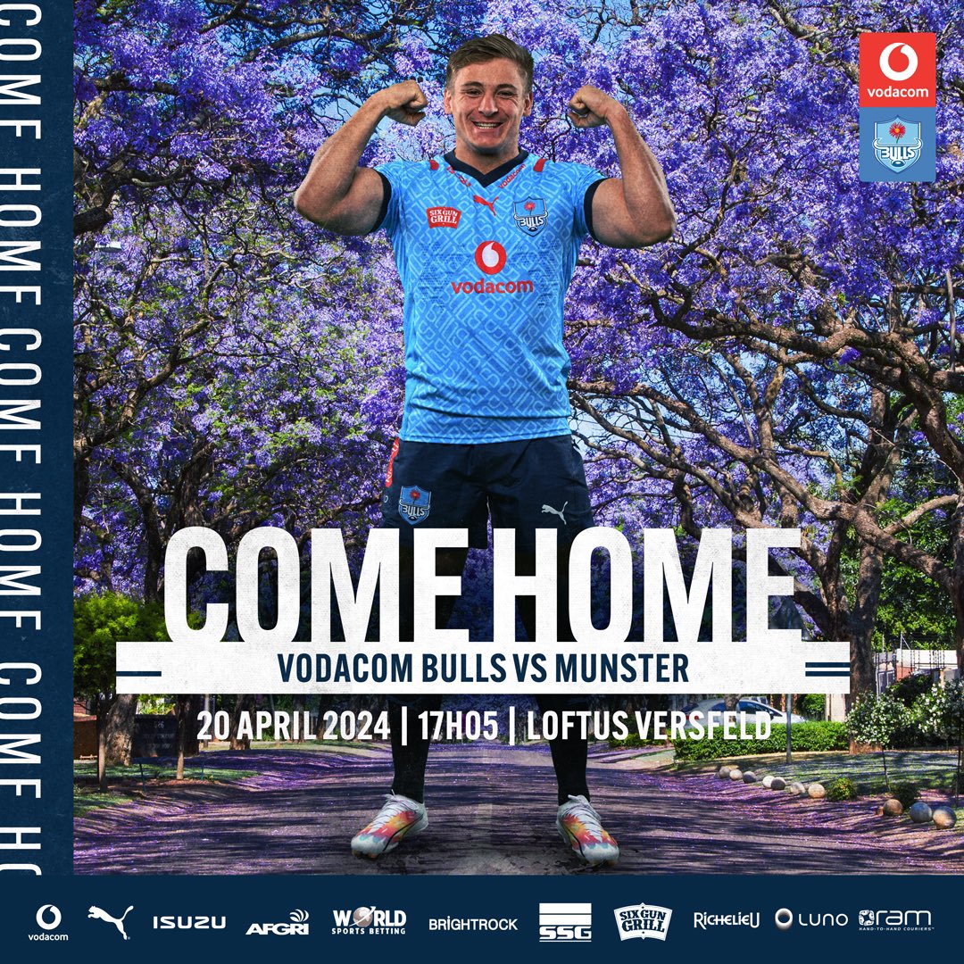 Need plans this Saturday? 😉 We got you. 🏉Vodacom Bulls vs Munster 🗓️20 April 2024 📍Loftus Versfeld ⏰17:05 🎟️TICKETS: bitly.ws/3bP2f #BackTheBulls @Vodacom #URC