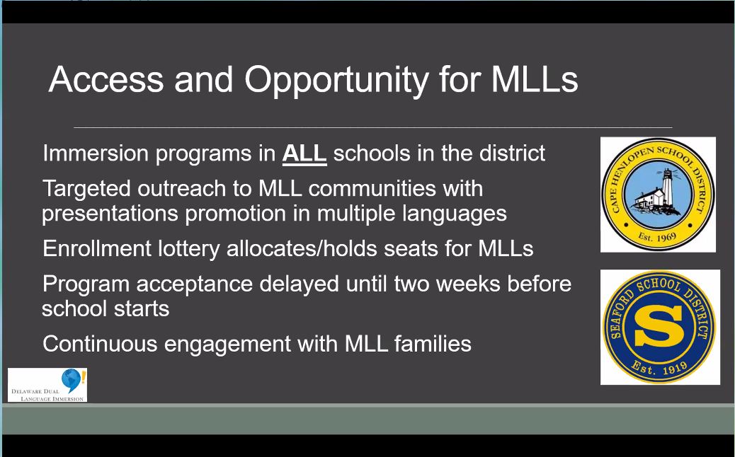 Lynn Fulton explains that districts in Delaware have established systems to ensure MLLs can join DL programs. This involves targeted outreach in multiple languages, ongoing engagement, and reserved seats for MLLs. #3WsDualLanguage