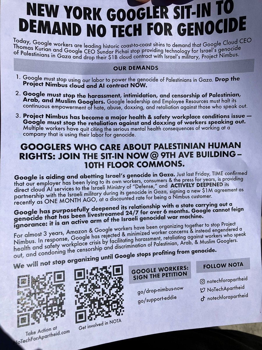 AshAgony's tweet photo. #NoTechForApartheid protest happening now outside a Google building in NYC. Google workers are leading these rallies to demand that Google stop aiding the genocide of Palestinians &amp; drop their contract with Israel’s military. #NoTechForGen0c1de https://t.co/IhXxNsEcw1