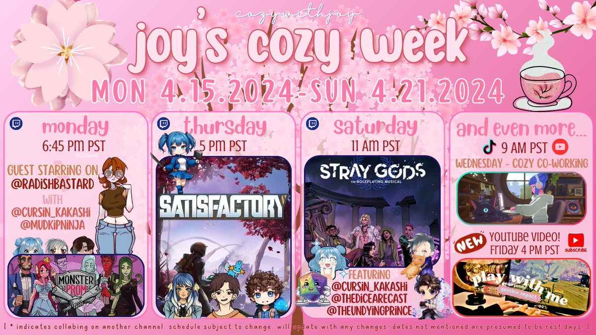 Here is your weekly joy💙🥰

M: #MonsterProm @radish_bastard
W: #Cozy Co-working w/ @SpiritCityLofi
Th: #Satisfactory w/ @tigerfan895 @DeluzioDesigns @mattehh
F: #asmr #GenshinImapact YT vid! 
Sa: #StrayGods w/ @Cursin_Kakashi
@/TheUndyingPrince @/TheDiceAreCast

#TwitchStreamers