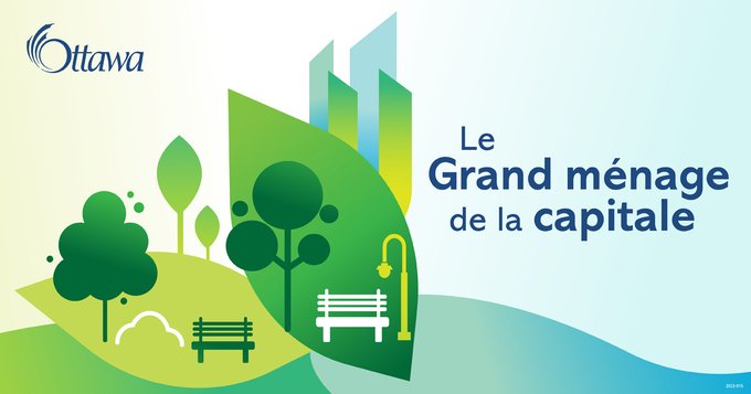 Illustration comportant différentes nuances de vert et de jaune, et des pictogrammes d’arbres, des bancs et un lampadaire. Le texte «  Grand ménage de la capitale » apparaît en caractères bleu foncé.