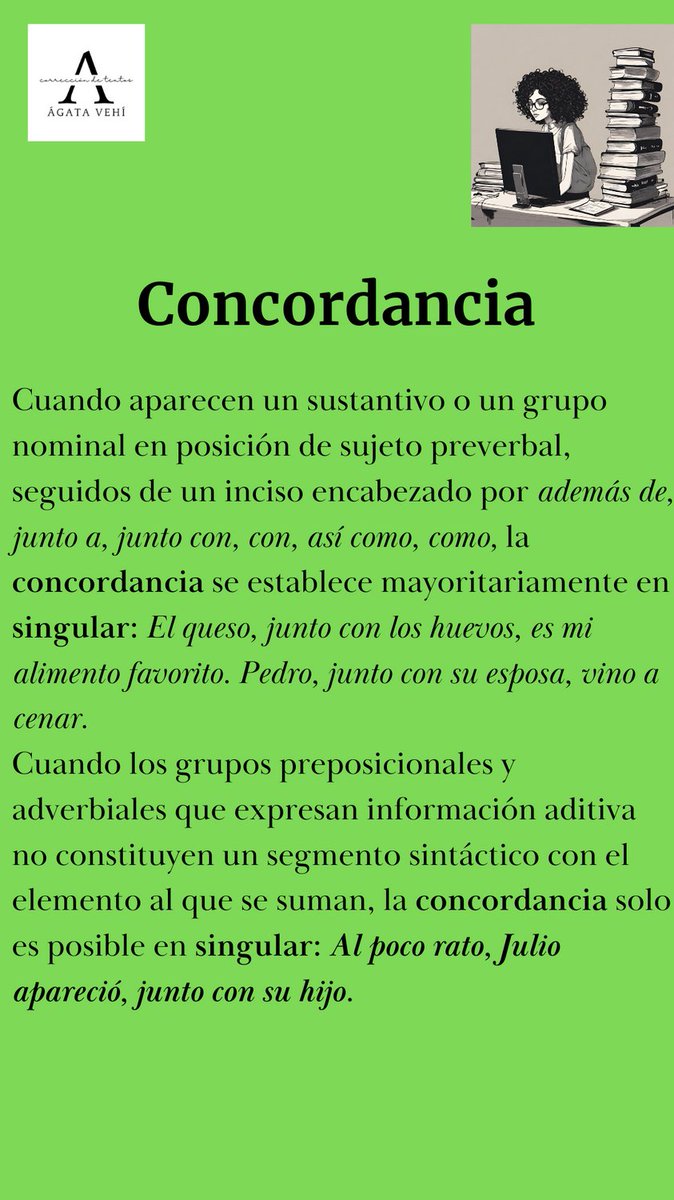 AgataVehi's tweet photo. Un error de concordancia muy frecuente que encuentro en los textos es el caso de los incisos junto con, junto a, con, así como, como.
#CorrecciónDeTextos #RedacciónDeContenidos #CorrectoraEditorial #CorrectorDeEstilo #CorrectoraOrtotipográfica #AsesoramientoLingüístico https://t.co/mmmt9QZ46r