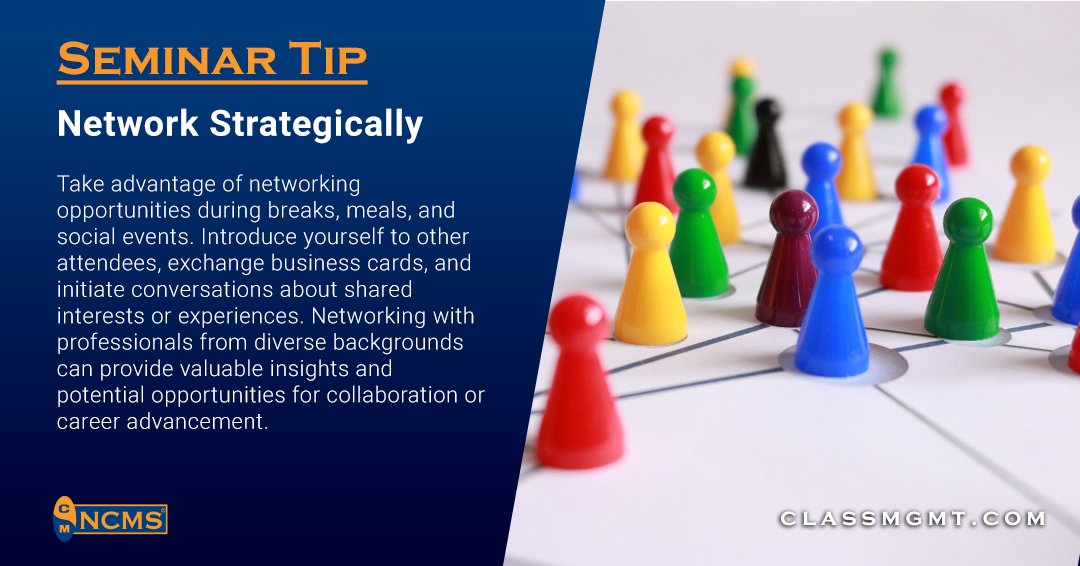 #SeminarTip - Network Strategically: Seize networking opportunities to expand your connections and explore collaborations. Register at ncms-seminar.org/index.php #TuesdayTips