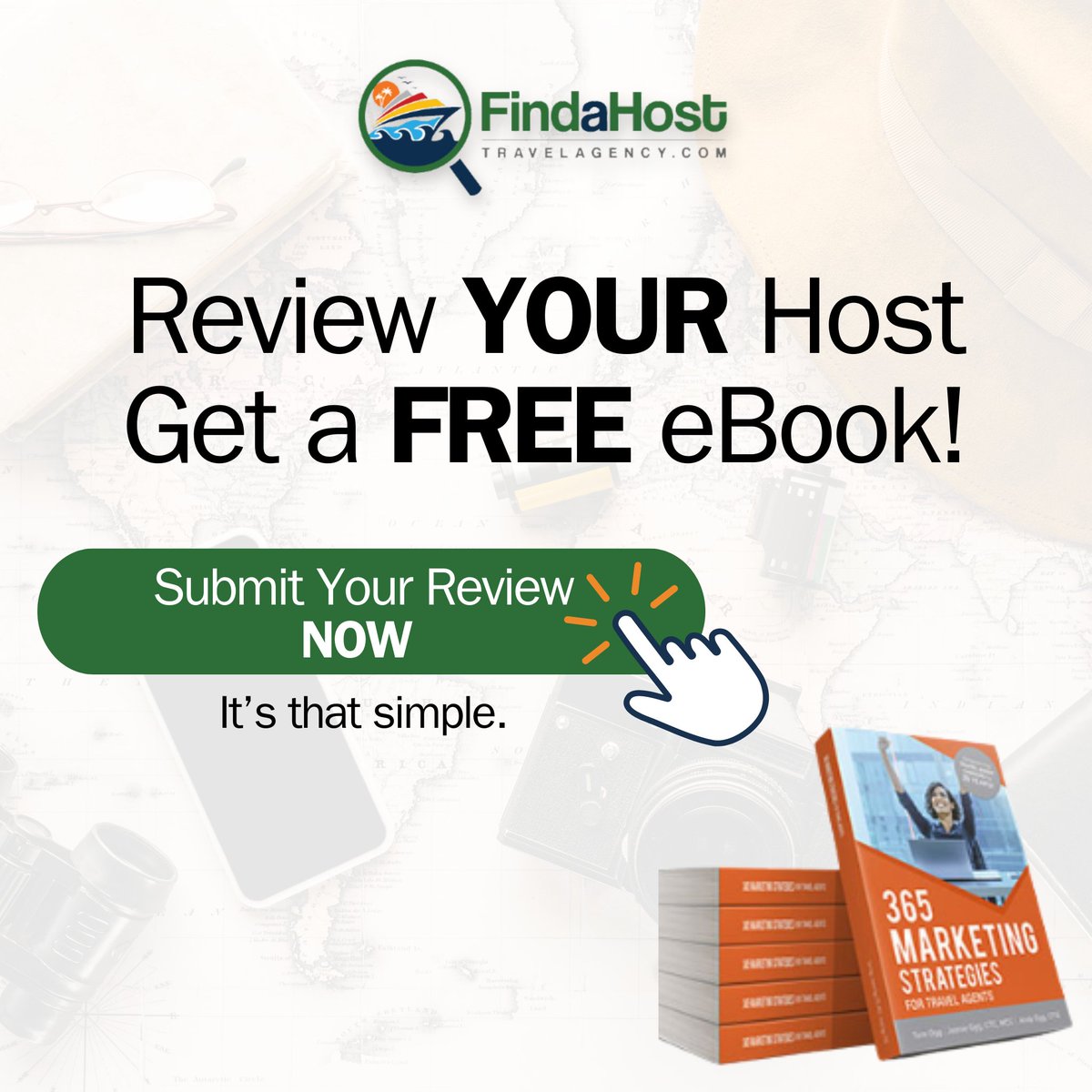 Travel Professional's that submit a review will receive a FREE eBook! “365 Marketing Strategies for Travel Agents” - Written by Tom, Joanie, and Andy Ogg. This complimentary offer is a sincere thank you for taking time in submitting a review; findahosttravelagency.com/submit-review/ #FreeEbook