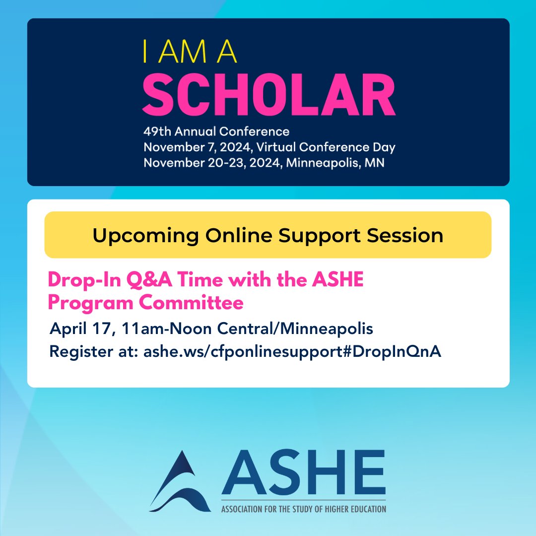 The last Call for Proposal support session is tomorrow 4/17: Drop-In Q&amp;A Time w/ the ASHE Program Committee from 11am-Noon Central time.
Last minute question? Join us to ask &amp; to be ready to submit your proposal and/or volunteer app on time: ashe.ws/cfponlinesuppo…