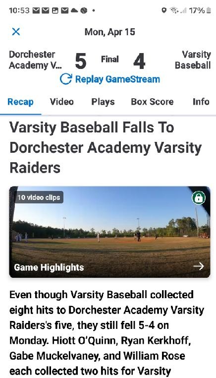 Tough loss, Hiott 2 for 4 an RBI, one bounced off center field fence to bring in the RBI.,,Also some great pitching and hitting by <a href="/rkerkhoff88/">ryan k</a> , nice hits by Gabe and Rosie! Not enough to get the win.