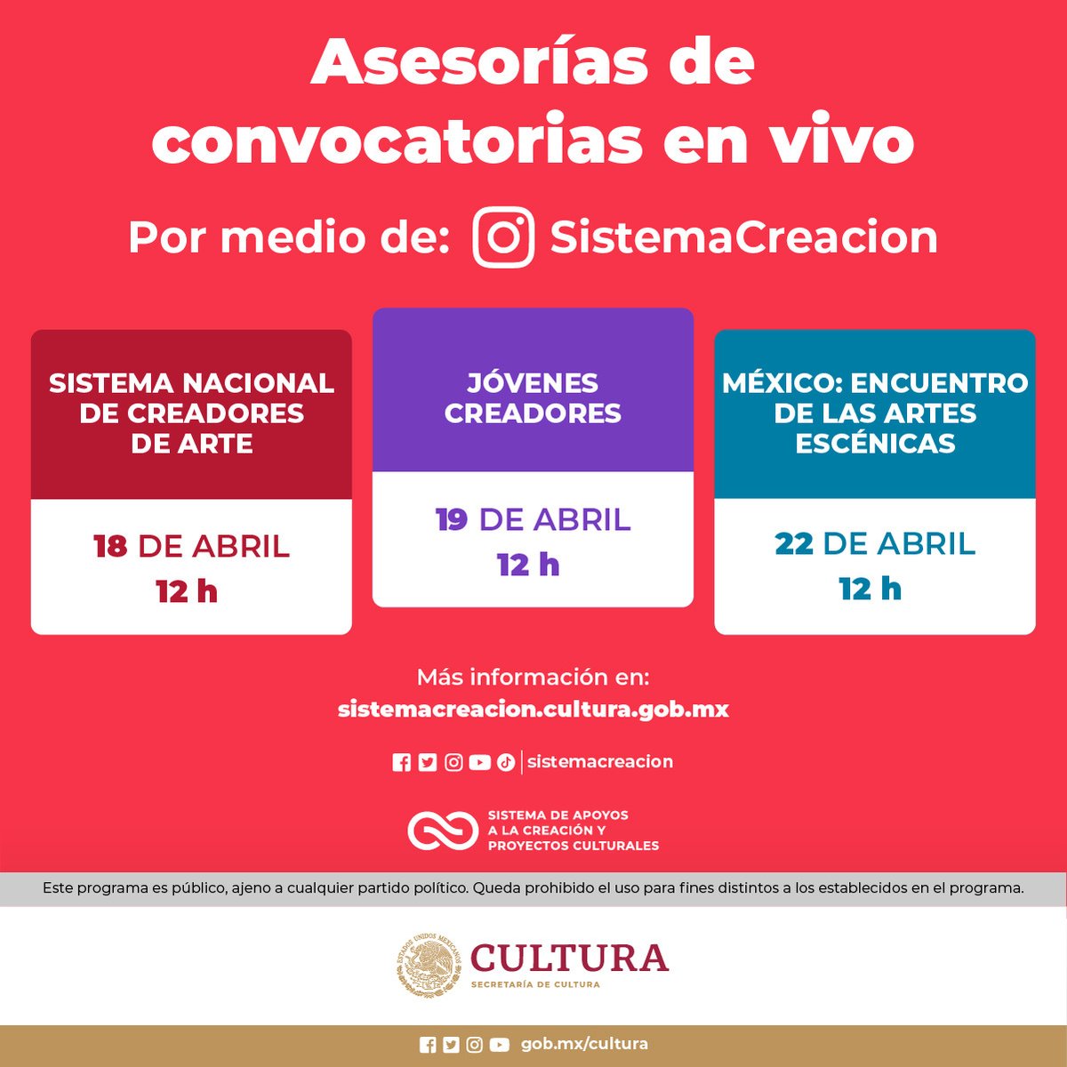 🎸🎨🎭Si estás interesado en participar en nuestras convocatorias, ¡no te pierdas nuestras asesorías en vivo en Instagram! 💻A través de: instagram.com/sistemacreacio… 🔴18 de abril, 12 h: SNCA 🟣19 de abril, 12 h: JC 🔵22 de abril, 12 h: Enartes @cultura_mx