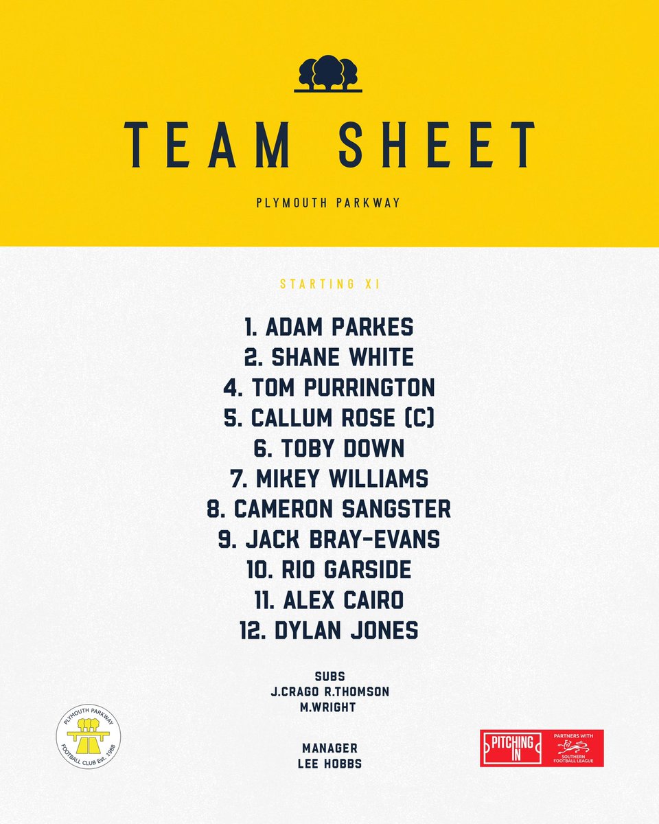 PlymouthPFC's tweet photo. THE PARKWAY 11 | 🟡 

Here’s how we line up this evening…

Limited in game updates tonight so follow @PooleTownFC for their updates 

#POLPAR

#ppfc

@swsportsnews https://t.co/LPVcLAtKFn
