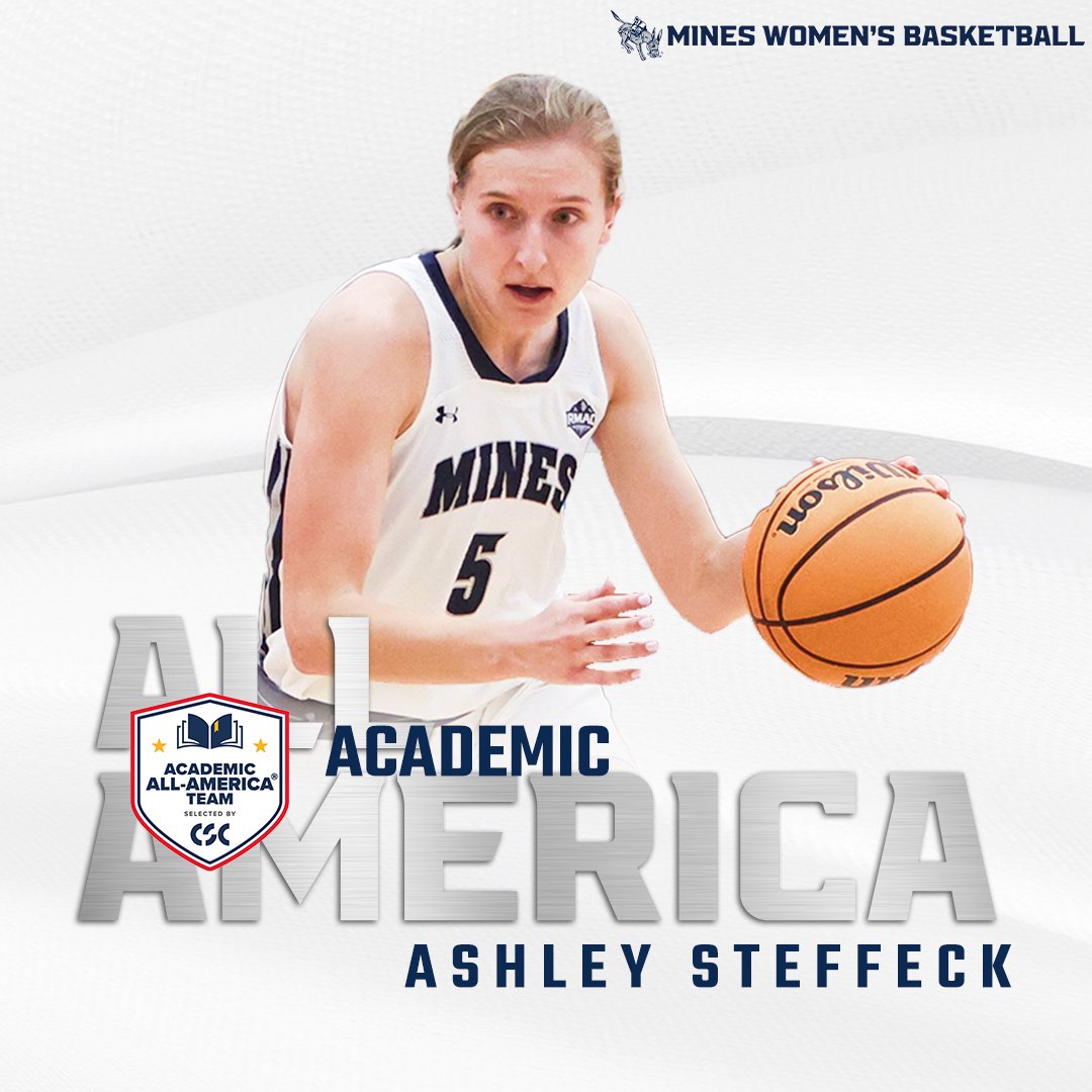 On Tuesday morning, Ashley Steffeck became the third player in @MinesWBB history to be named CSC Academic All-America, earning second-team distinction from College Sports Communicators. #HelluvaEngineer 📰 minesathletics.com/news/2024/4/16…