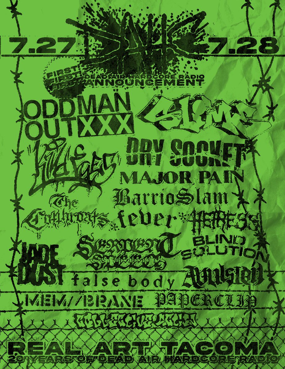 deadairhcradio  Dead Air Hardcore Radio Fest First Announcement! July 27th And 28th at Real Art Tacoma More Announced Soon! Two Day Pass $45 Link In Bio. I am very thankful and excited for each and every band playing. Let's do this Tacoma!