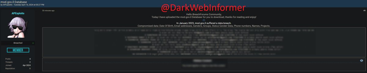 🚨DATA BREACH🚨Threat actor, APExploits, allegedly has breached #Israel's Ministry of Defense database dated January 2023.

#Clearnet #DarkWebInformer #DarkWeb #Cybersecurity #Cyberattack #Cybercrime #Infosec #CTI #MinistryofDefense

Compromised data: Date Of Birth, Email