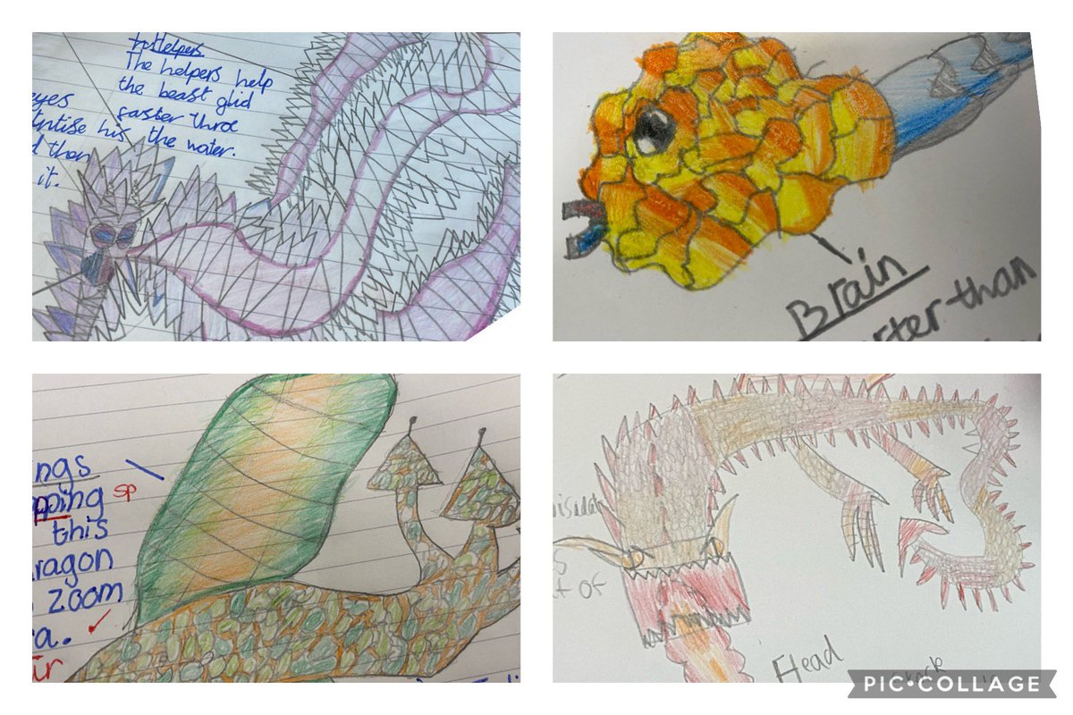 #Year4TPS are designing their own dragons & describing them using adjective sentences, similes & metaphors. 
Fabulous writing! 👏🏻
Ysgrifennu gwych! 👏🏻

There’s been blending, texture, shadows & tone in drawings too!
So many skills! ⭐️
Cymaint o sgiliau! ⭐️

@ThornhillPS #LLC #EA