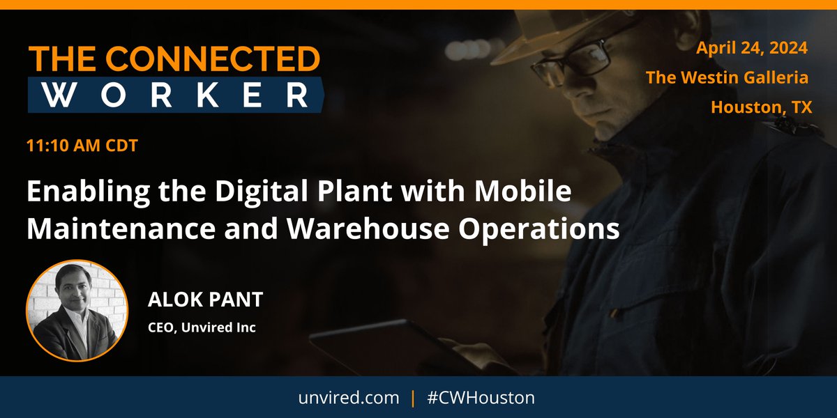 Excited to speak and exhibit at the #ConnectedWorker event in Houston! Join us April 22-26 to learn how Unvired's mobile solutions enable the Digital Plant through streamlined maintenance and optimized warehouse operations. Stop by our booth to learn more! buff.ly/4agap2y