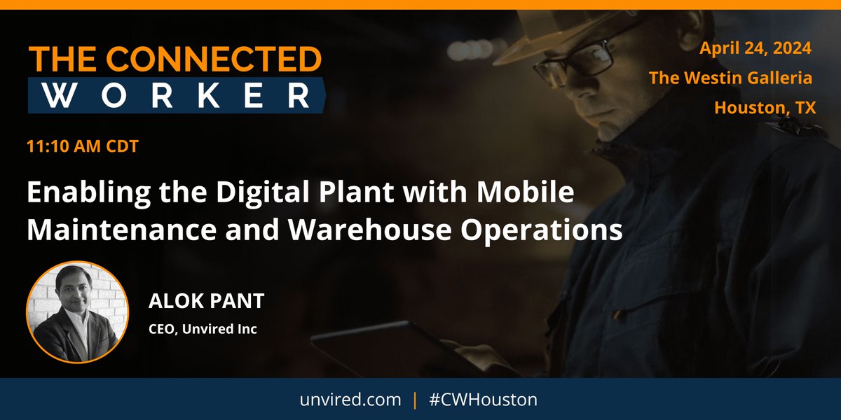 unvired's tweet photo. Excited to speak and exhibit at the #ConnectedWorker event in Houston! Join us April 22-26 to learn how Unvired's mobile solutions enable the Digital Plant through streamlined maintenance and optimized warehouse operations. Stop by our booth to learn more! https://t.co/OTl0KqYvOC https://t.co/UEm8yrXVNx