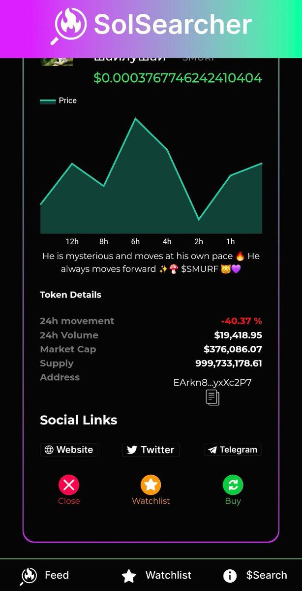 Smurf Cat Solana (@smurfonsolana) on Twitter photo $SMURF always moving forward.
We've updated our info and banner with
<a href="/Solana_Searcher/">SolSearcher ยฎ</a>
Users can now find us on their app.
app.SolSearcher.io
๐โจ $SMURF always moving forward.
We've updated our info and banner with
<a href="/Solana_Searcher/">SolSearcher ยฎ</a>
Users can now find us on their app.
app.SolSearcher.io
๐โจ