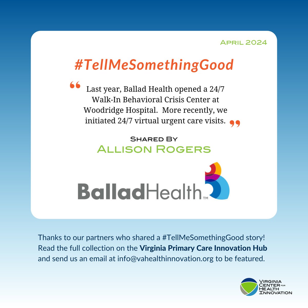 Allison Rogers at @BalladHealth shared this #TellMeSomethingGood story with #VCHI! Read all of the stories at pcinnovationhub.mn.co/posts/april-20… and submit yours to info@vahealthinnovation.org