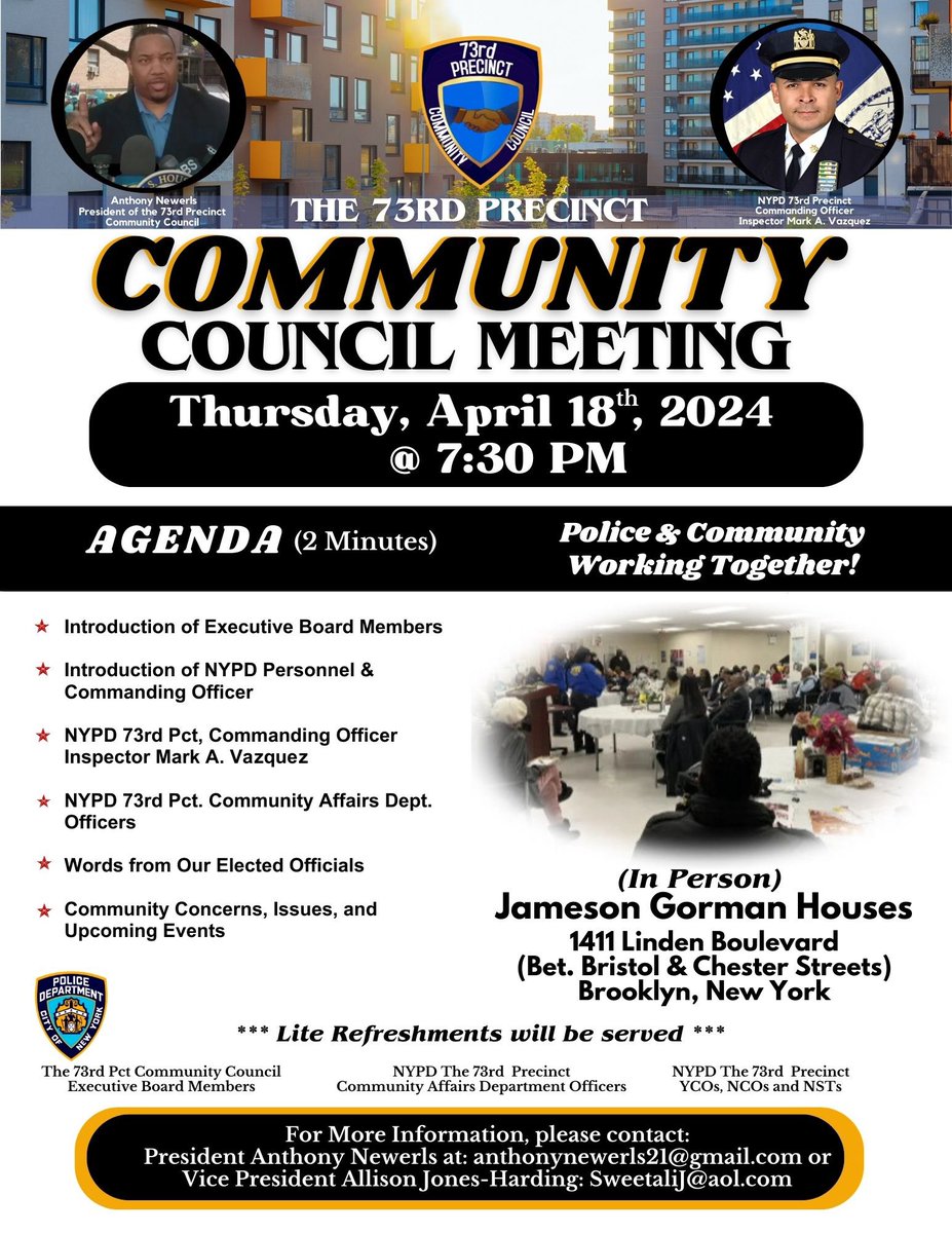 Be a part of the bridge between the NYPD and the community. The 73rd Precinct Community Council meeting is happening on Thursday. @NYPD73Pct See the flyer for details: