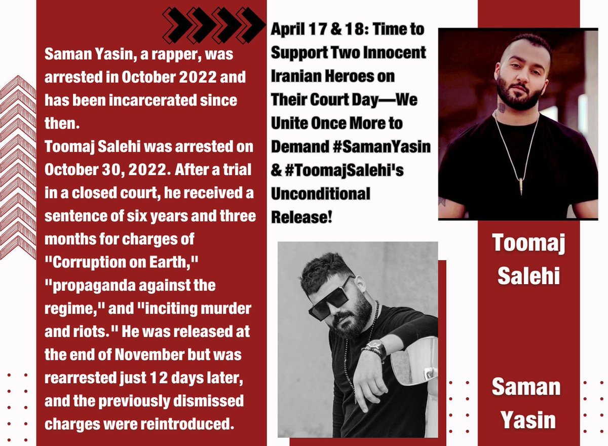 April 17 & 18 are crucial court days for #SamanYasin and #ToomajSalehi, artists whose only crime is standing up against the tyranny of #IRGCterrorists. Til the last breath, we stand with them and demand nothing less than their unconditional release 
@CarlosKasperMdB
 
@YeOne_Rhie