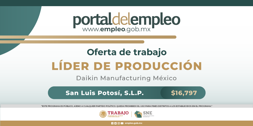 📢 #BolsaDeTrabajo 

👤 Líder de producción en Daikin Manufacturing México.
📍Para trabajar en #SanLuisPotosí.
💰16,797.00.

Detalles y postulación en: 🔗 goo.su/Lnf4U31
📨 alma.martinez@daikinmx.com

#Trabajo #Empleo #SNE #PortalDelEmpleo