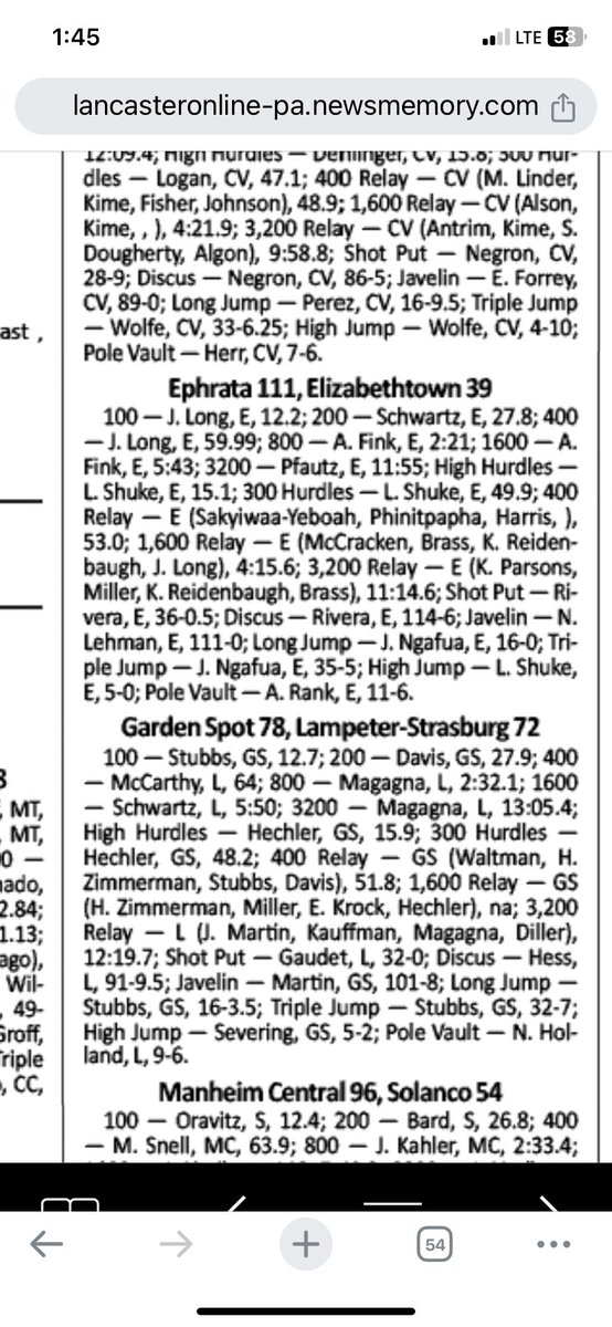You’d think there would be a way to differentiate track and field results between Ephrata and Elizabethtown and not just list every winner with “E” when both schools begin with E. (At least the results were printed. Still waiting for those Black Knight Invitational results.)