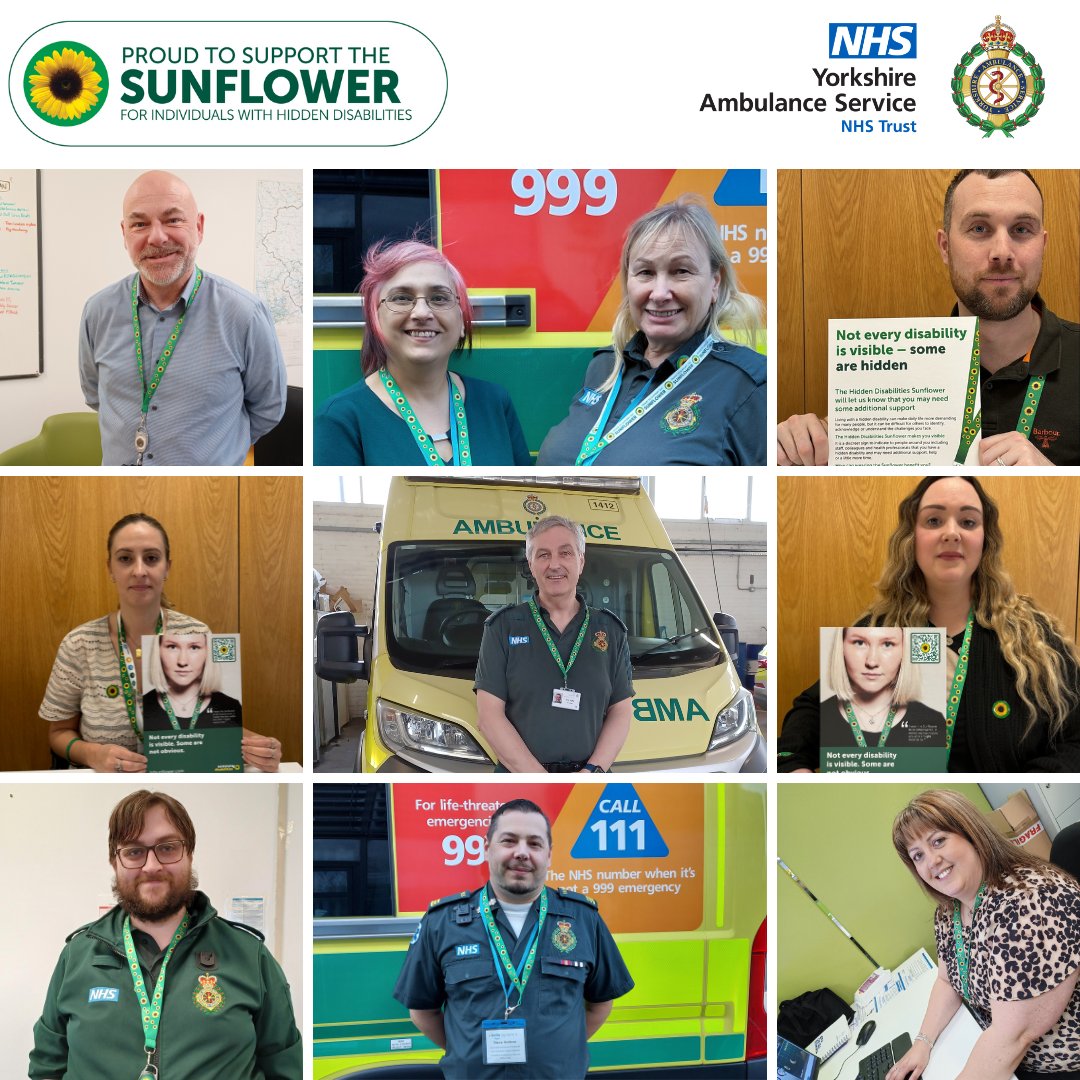 @YorksAmbulance has joined the Hidden Disabilities Sunflower network! 🌐 Read more bit.ly/4aYKD2V ALT: Photo of 9 people who all work for Yorkshire Ambulance Service. Some are wearing uniforms and either holding or wearing Sunflower items or posters.