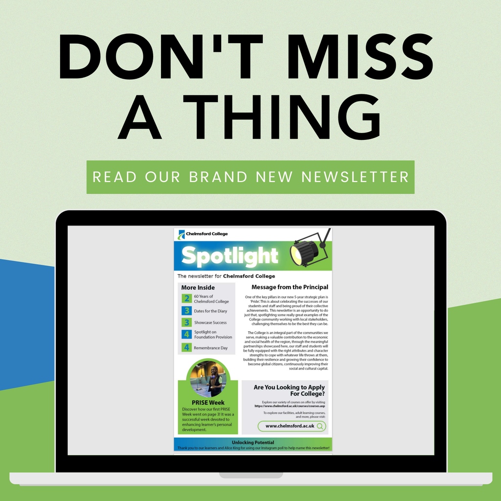 📣 As we continuously reach new milestones, we've released a new newsletter to spotlight all the great things happening here! 🌟 Read Spotlight here now: chelmsford.ac.uk/news-events/vi… #spotlight #newsletter #collegenews #chelmsford #chelmsfordcollege #collegelife