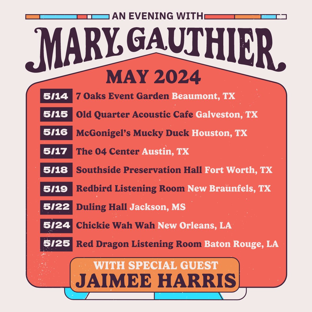 Hey friends, I'm currently in the UK/Ireland but returning to the US in no time! I am excited to play all of these great venues with @jaimeeharris in May. Check out where I am in your neck of the woods and get your tickets at the link. See you soon! marygauthier.com/tour
