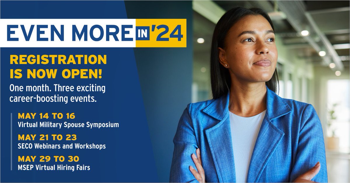 Want even more in ’24? Registration is live with May’s career events for #MilSpouses! Join this year’s Virtual Military Spouse Symposium, SECO workshops and webinars, Military Spouse Employment Partnership Virtual Hiring Fairs and more! Sign up today: myseco.militaryonesource.mil/portal/events/….