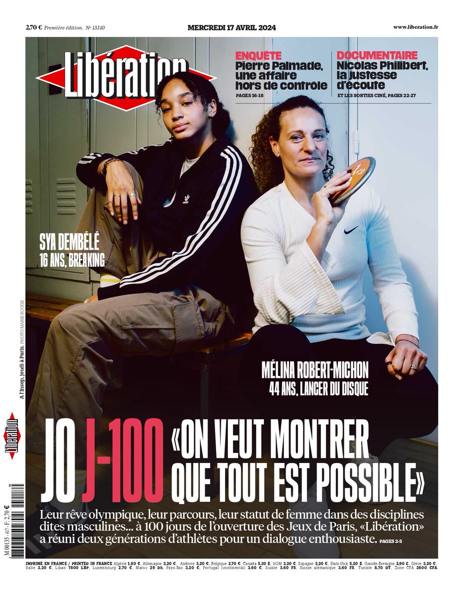 JO J-100 : «On veut montrer que tout est possible». #Paris2024 C'est la une de @Libe ce mercredi Lire : journal.liberation.fr