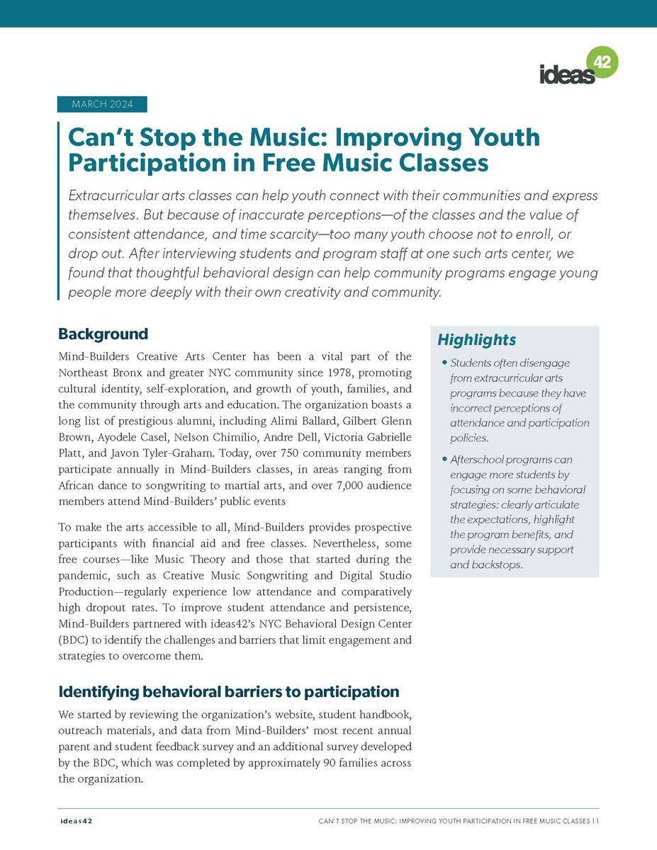 ideas42's tweet photo. Afterschool programs can engage more students by focusing on #behavioralscience strategies.

Here's how #behavioraldesign helped improve student attendance and persistence at @MindBuildersCAC, which offers arts and education programs to NYC residents.

https://t.co/RSh3ofBNYp https://t.co/lrbzi785Aw
