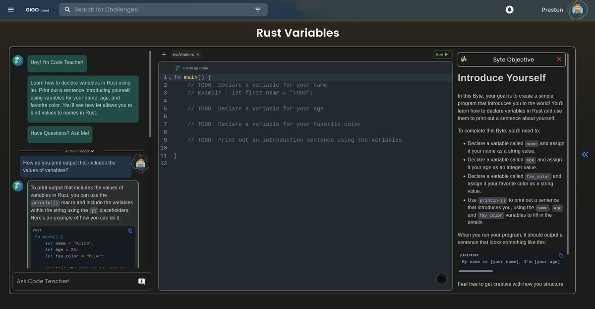 I am very happy to announce our new journeys for Rust and JavaScript. Journeys are programming lesson plans that teach you through a series of mini-projects, all while being guided by a cutting edge AI tutor. Check it out for free today!