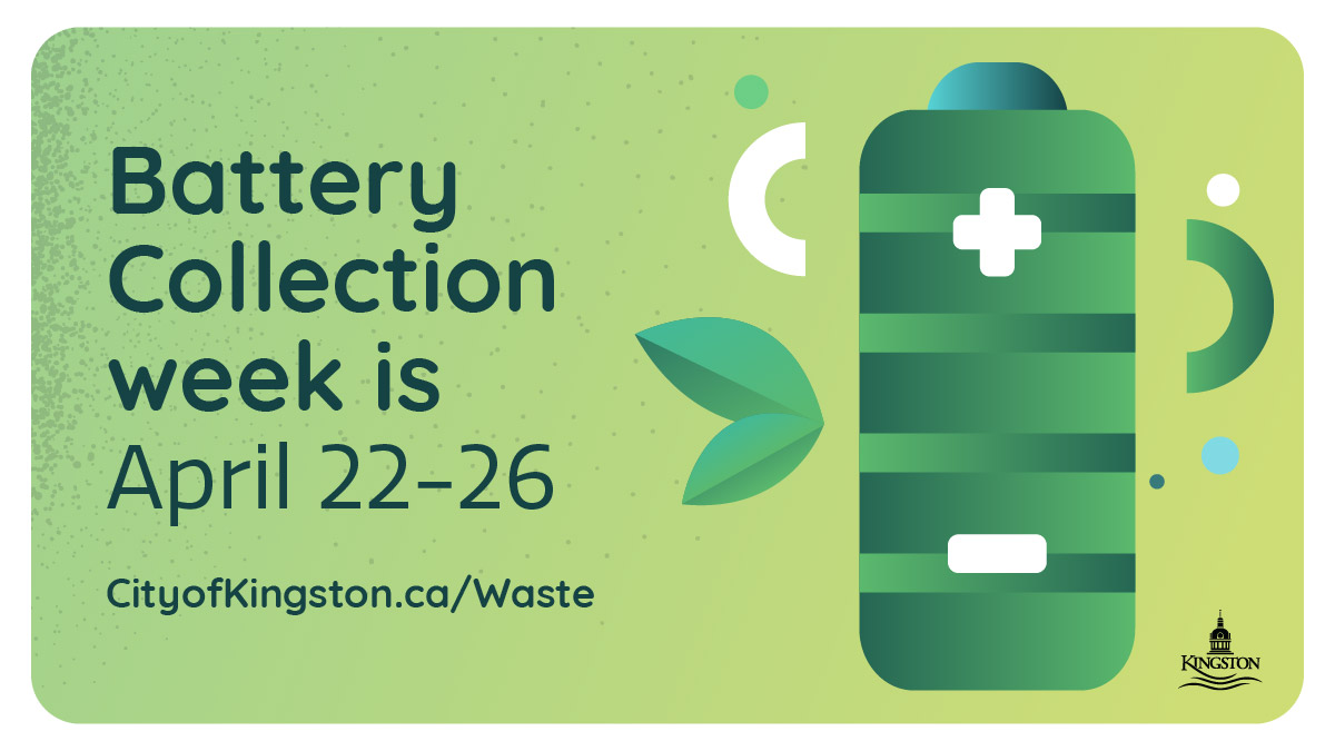 The City is collecting used single-use batteries during the week of April 22-26. Put your batteries in a clear, sealed plastic bag and place them beside your recycling box for pick-up on your collection day cityofkingston.ca/resident/garba…