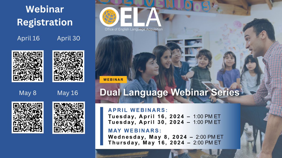 📢Don’t miss part 2 of #3WsDualLanguage on April 30! Then in May, we'll explore Dual Language Teacher Preparation Pathways, highlighting evidence-based programs that boost educator capacity.

4/30: ow.ly/R42R50R48Wq
5/8: ow.ly/4cVl50R48YJ
5/16: ow.ly/l3Vi50R4921