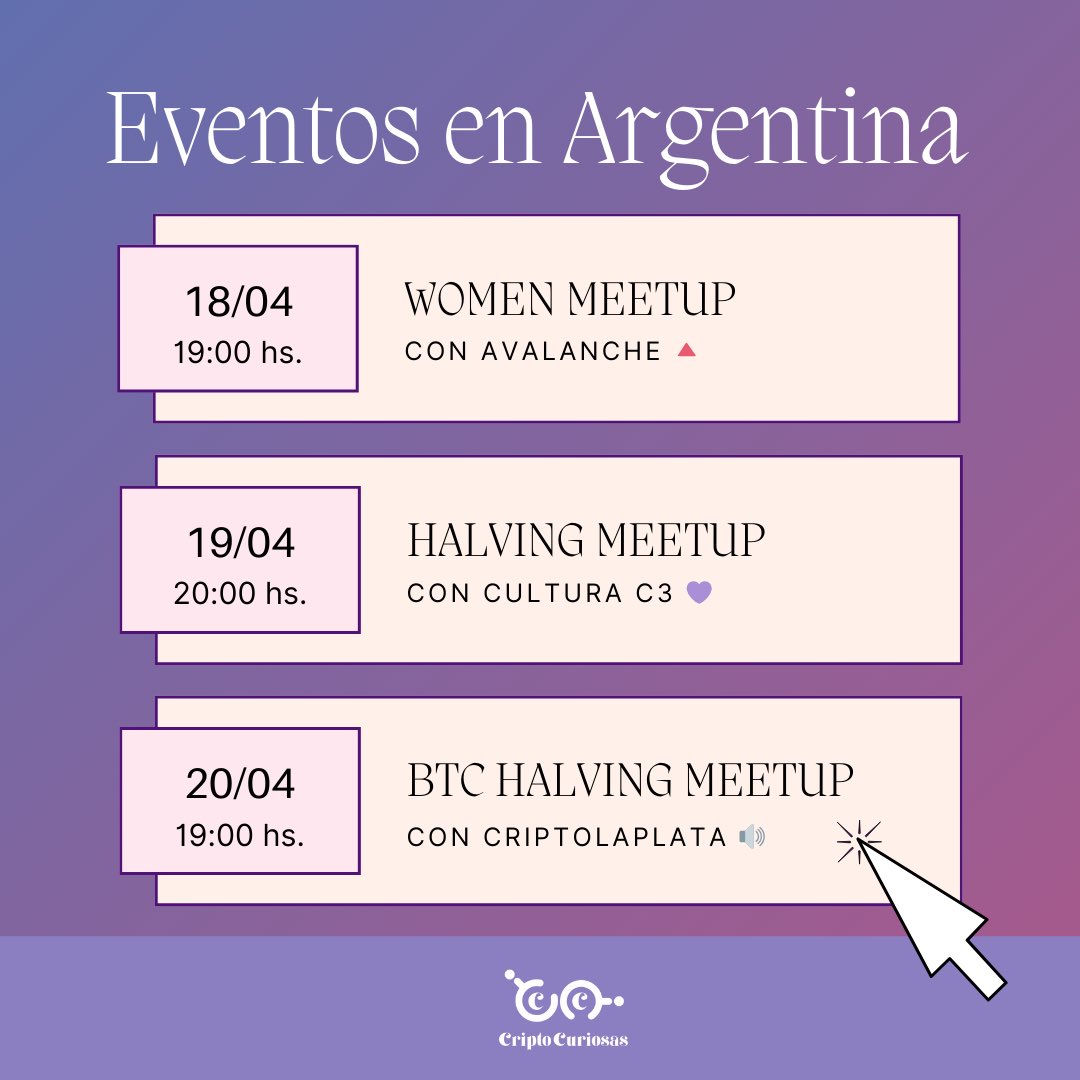 👀🇦🇷¿CriptoCuriosxs en Argentina ?

Tenemos tres grandes fechas 💜.

¡Así que preparen esos calendarios y guarden lugar para lo que viene!.

Detalles abajo 👇.