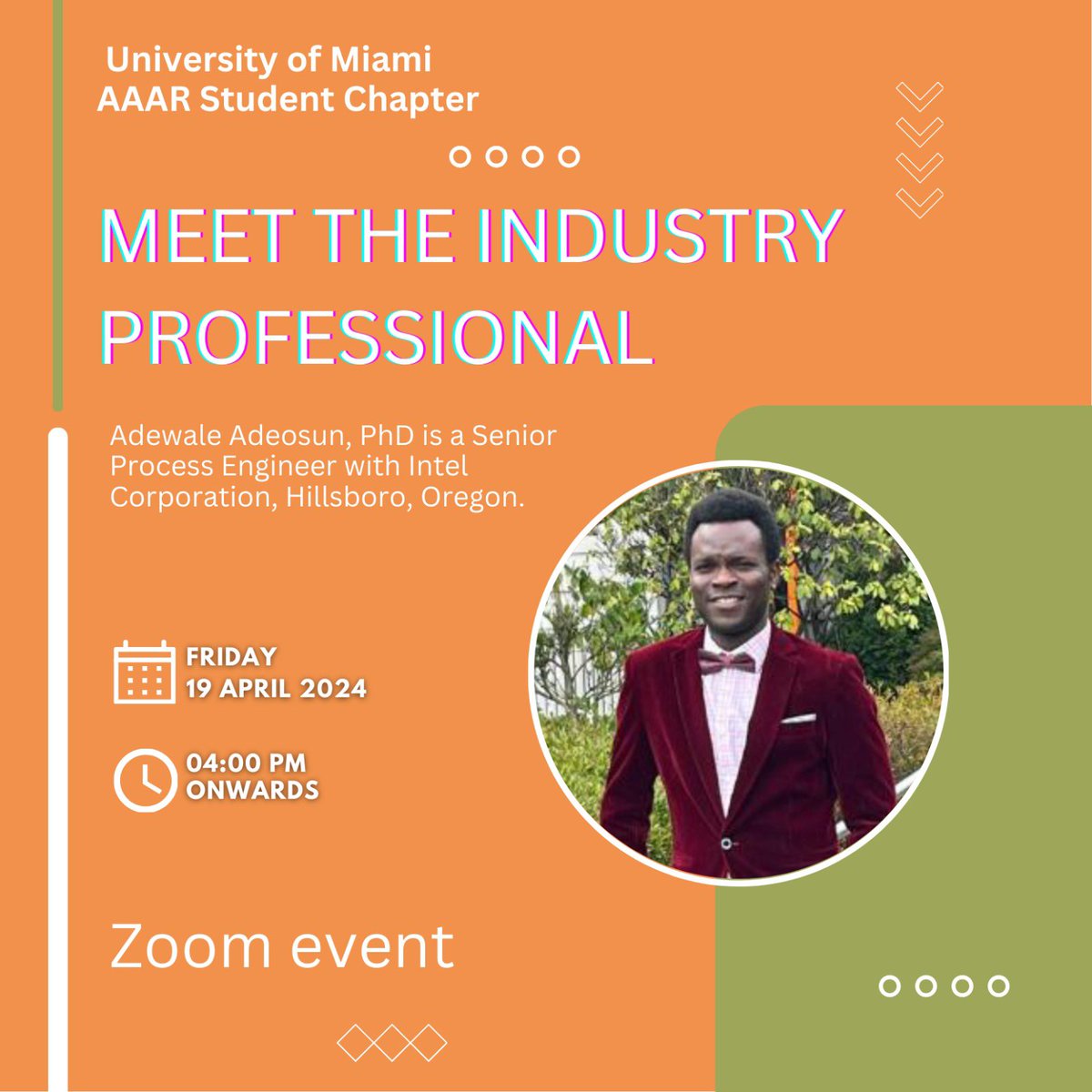 UM_AAAR_chapter's tweet photo. Meet the industry professional event hosted by UM AAAR Student Chapter.
🗓️ 19th April 2024 4:00 pm onwards
📍Zoom https://t.co/4xMgtChZYw
