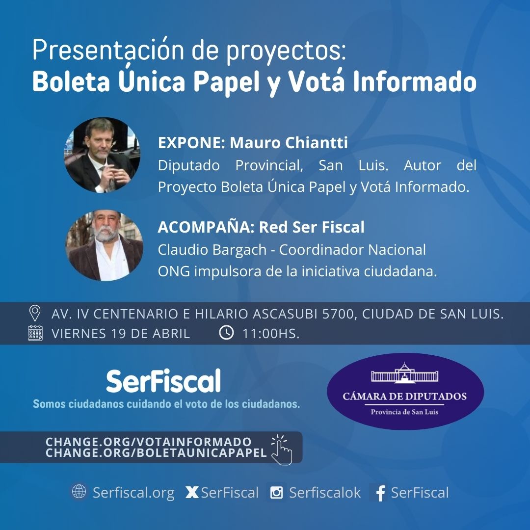 SerFiscal's tweet photo. 📢ATENCIÓN SAN LUIS
Este viernes 19 de abril a las 11hs. en la @dipusanluis presentamos los proyectos #BoletaUnicaPapel y #VotaInformado
🎤Expone el autor de los proyectos, el diputado Mauro Chiantti y acompaña el coordinador nacional de la Red Ser Fiscal, @claudiocbargach. https://t.co/3djTqaEjdg