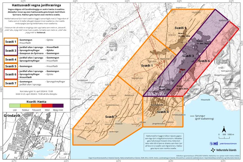 Heildarhætta á öðrum svæðum er óbreytt en hætta af völdum gasmengunar metin mikil á öllum svæðum nema á svæði 3, þar sem hún er metin mjög mikil. Hætta vegna jarðfalls ofan í sprungu og sprunguhreyfinga er enn talin mikil í Grindavík og á svæði 6, suðaustan við gígaröðina.