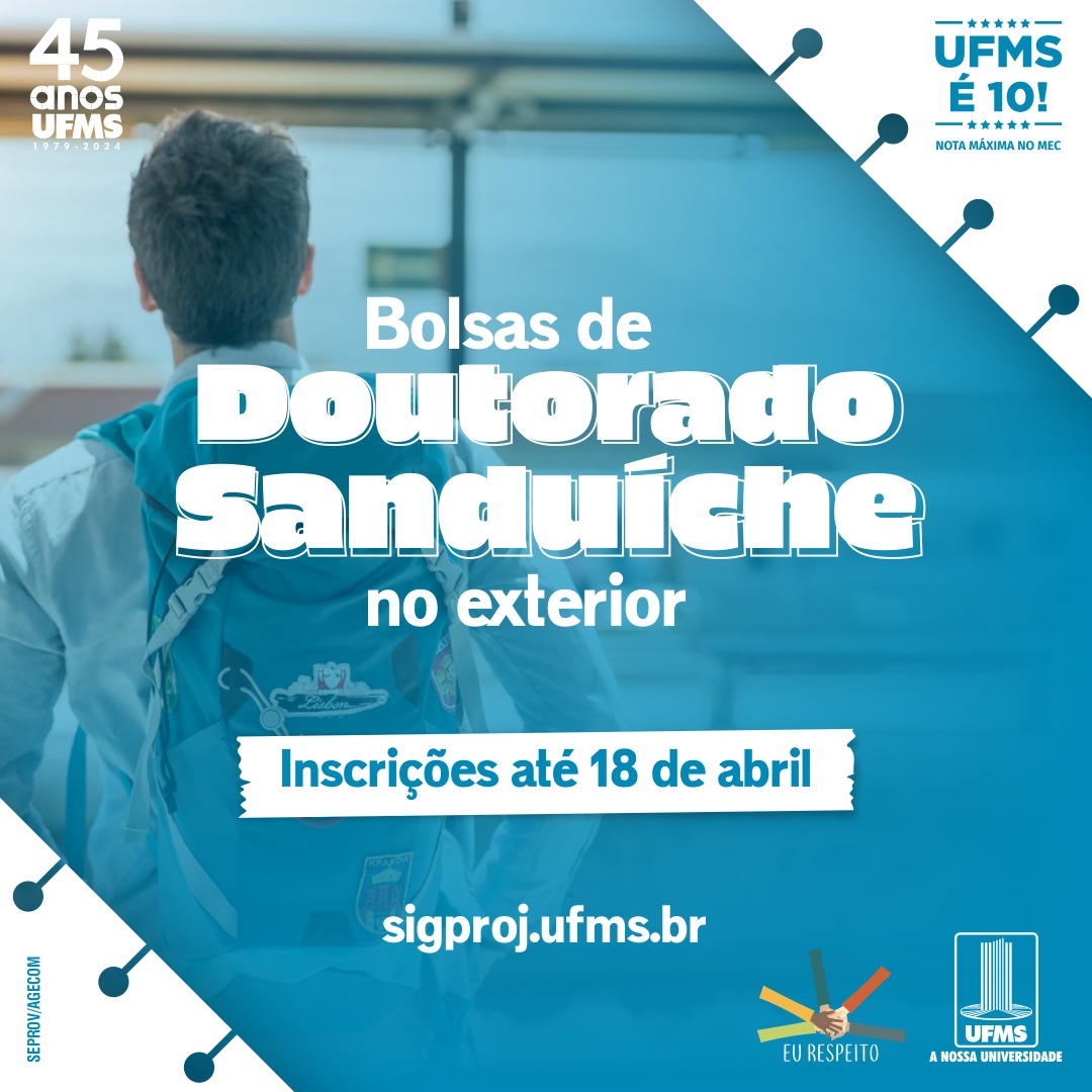 Leve sua pesquisa para o exterior ✈️✈️ Os estudantes dos Programas de Pós-graduação Stricto Sensu da UFMS têm até 18 de abril para se inscrever em bolsas de doutorado sanduíche no exterior. 🔗 Leia mais: link.ufms.br/CgndB