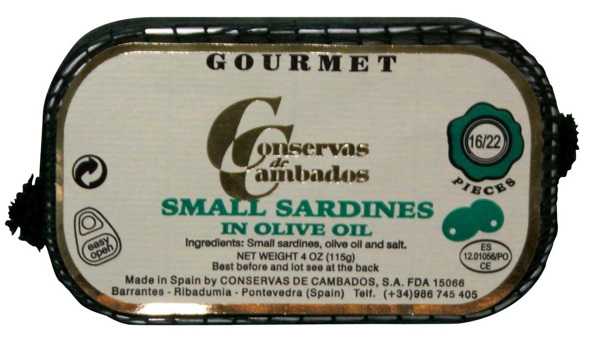 The most wonderful small sardines in olive oil we have ever tasted come from the Estuaries of Galicia, Spain

IN STOCK gourmet-delights.com/seafood.html

#Foodies #foodie #recipes #cooking #TinnedFishDateNight #FoodLover #FoodLovers #WineLover #WineLovers #DoctorsWhoCook #TwitterSupperClub