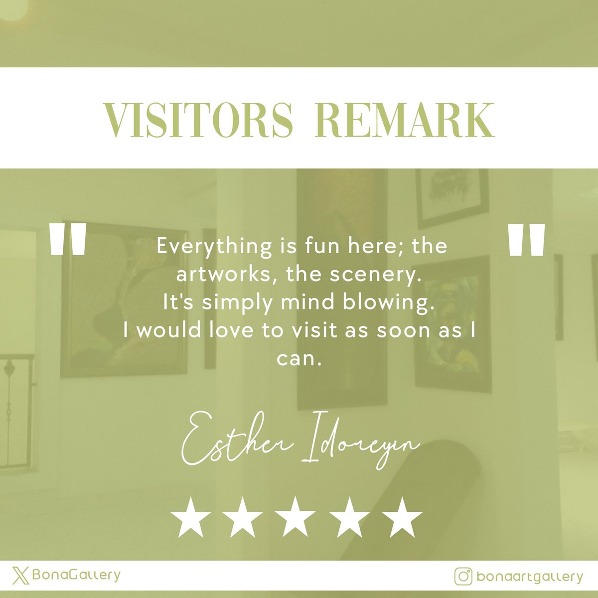 Esther Idoreyin was really impressed😍on her first visit to the our Gallery.

Here's 👇what she has to say

Visit us today
#art
#artlover
#artist
#blackartist
#creativity
#artgallery
#Africanart
#Nigerianartist