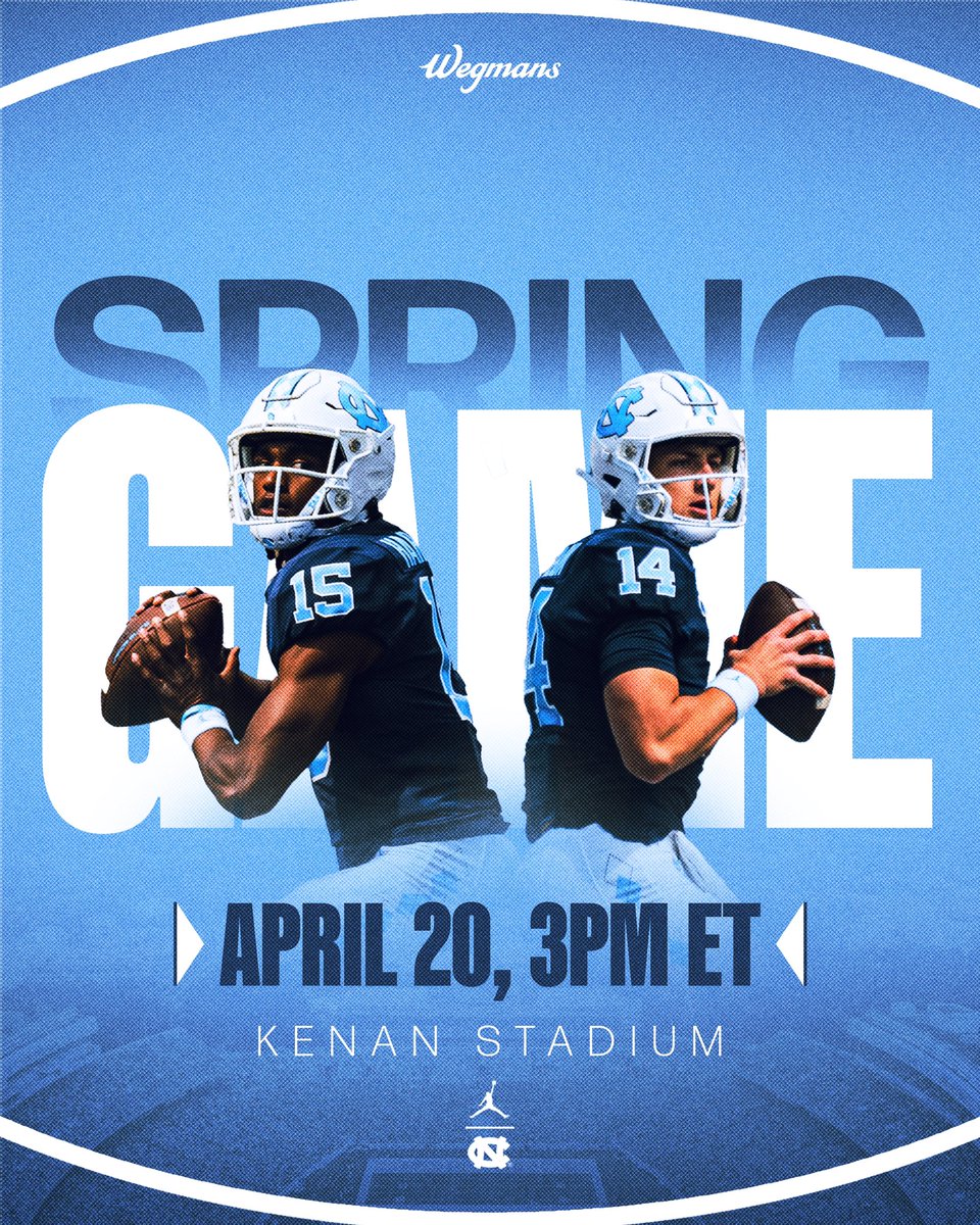 We’re getting closer ⏳ Spring Game presented @Wegmans 🗓️ Saturday, April 20 ⏰ 3 pm 📍 Kenan Stadium Info ▶️ bit.ly/49rVeSC #CarolinaFootball 🏈 #UNCommon