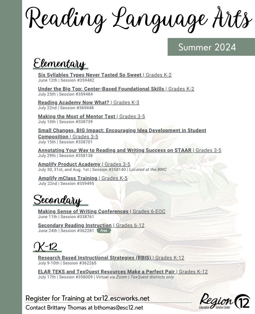 Dive into summer with professional development in Reading and Language Arts! 📚 Whether you're a teacher, administrator, or literacy enthusiast, gear up for the upcoming school year with fresh insights, strategies, and resources. Reserve your spot today! txr12.escworks.net